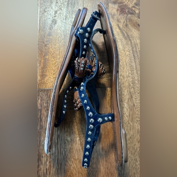 PRADA Blue Patent Leather & Brown Leather Tassel & Studded T-Strap Sandals 39 - Picture 7 of 9